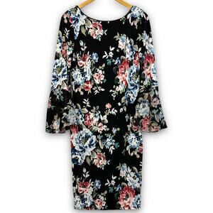 White House Black Market Black Floral Midi Length Dress Bell Sleeve Size Medium